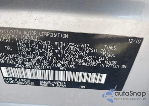 2011 Toyota Rav4 из США, поврежденный, VIN JTMZF4DV1BD031157